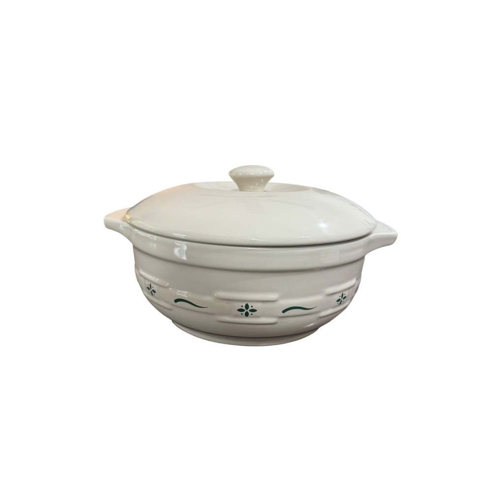 Longaberger Pottery Woven Traditions Casserole Dish with Lid Ivory Green